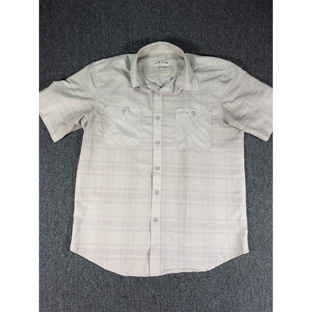Orvis Mens Short Sleeve Plaid Button Down Shirt Tan Size M Classic Collection